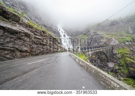 Trollstigen Waterfall And Bridge. Norway, Selective Focus