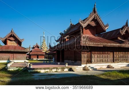 Mandalay royal Palace, Wooden carved buildings inside of palace compound, Myanmar