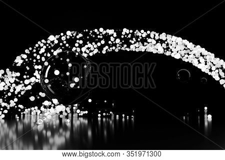 Abstract Stream Of Spherical Particles Reflected From A Large Black Circular Sphere. Paricles Are Gl
