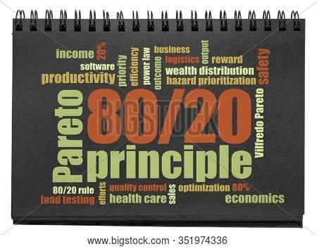 Pareto principle or eighty-twenty rule concept  word cloud in an isolated black paper sketchbook, priority, productivity and resource allocation concept