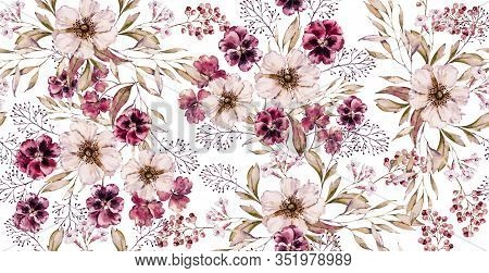Watercolor Floral Vintage Seamless Pattern On Luxury White Print. Hand Painted Watercolour Floral Pa