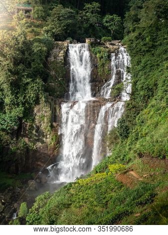Beautiful Landscape Of Tropical Rainforest And Big Waterfall In Mountains