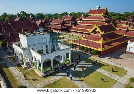 Mandalay, Myanmar - January 8, 2019: Top view of the Mandalay Palace seen from the watchtower, symbol of Mandalay and major tourist destination