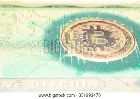 Bitcoin Mining Isolated On White Background. Gold Cryptocash. Litecoin, Ethereum Cryptocurrency Conc