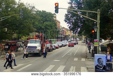 New Orleans, Louisiana, U.s.a - February 4, 2020 - The View Of The Traffic Near Decatur Street By Th