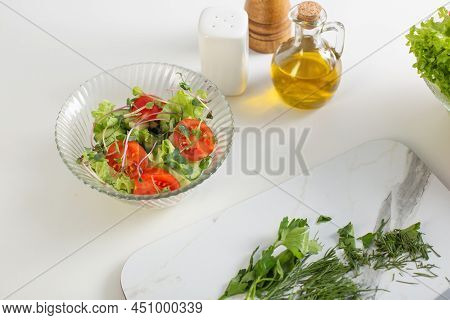 The Healthy Vegetarian Salad On White Table