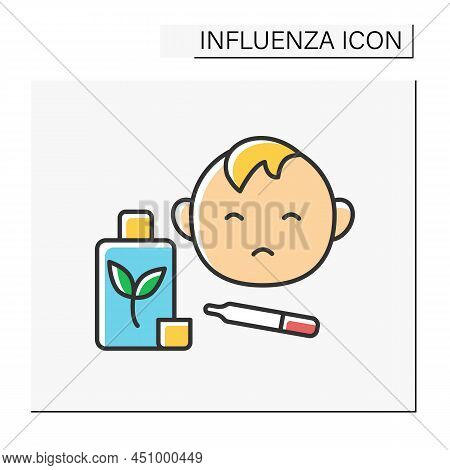 Treatment Color Icon. Child Treatment. Therapy To Reduce Fever. Unhappy Baby Boy. Influenza Concept.