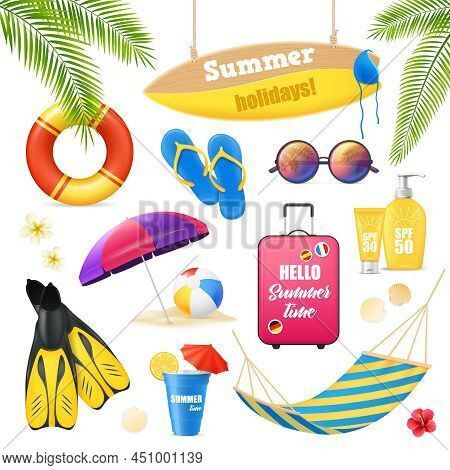 Summer Holidays Tropical Beach Vacation Accessories Realistic Images Set With Surfboard Suncream Lif
