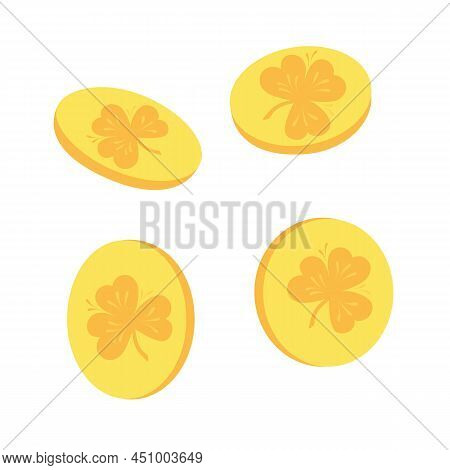 Gold Coins With Clover Leaves. Vector Stock Illustration. St. Patrick's Day. Isolated On A White Bac