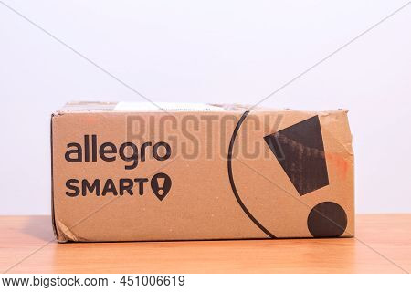 Pruszcz Gdanski, Poland - March 8, 2022: Allegro Smart Box. Allegro Smart Is Method Of Delivery Parc