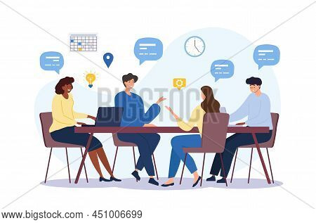 Business Communication Concept. Group Of Employees Discussing Idea At Table. Brainstorming And Compa