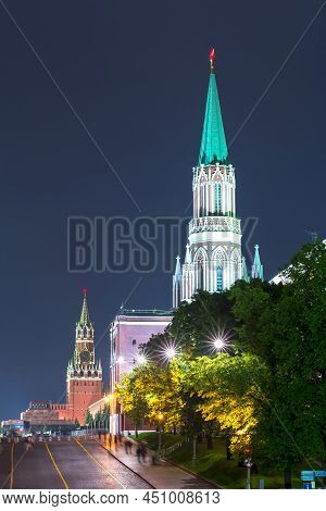 Towers Of Moscow Kremlin Along Kremlevskaya Embankment At Night, Russia