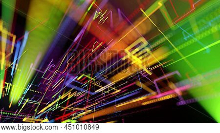 3d Rendering Sci-fi Bg Like Abstract Hologram. Multicolor Neon Glow Lines Form Digital 3d Space. Con