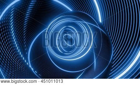 3d Render. Abstract Geometric Bg With Rings Form Complex Twisted Spiral And Light Effects. Rings Fla