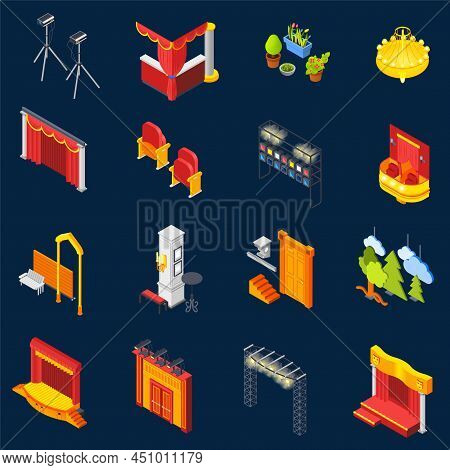 Theatre Isometric Icons Set On Blue Background Isolated Vector Illustration