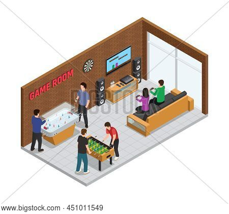 Home Game Club Interior Isometric Composition Cozy Room For Relaxation With Board And Video Games Ve