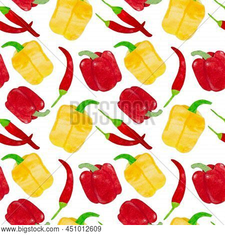 Hand-drawn Watercolor Yellow Red Chili Pepper Seamless Pattern. Bright Cute Kawaii Kidcore Style Ill