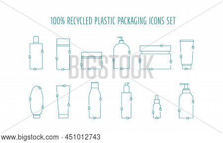 Recycled Cosmetic Plastic Bottles Set - Eco Packaging Icon. Vector Stock Illustration Isolated On Wh