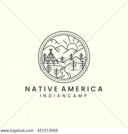 Indian Camp And Mountain With Badge And Line Art Style Logo Icon Template Design. Teepees, Native, A