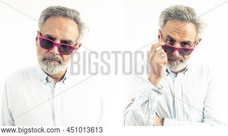 Collage Portrait Of Middle-aged Man Wearing Fuscia Sunglasses Showing Isolated White Background Stud