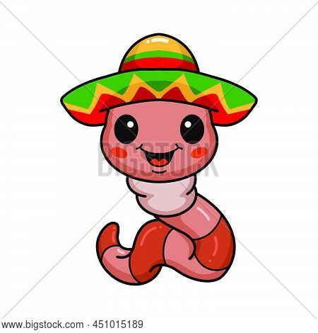 Vector Illustration Of Cute Tequila Worm Cartoon Wearing A Mexican Sombrero Hat