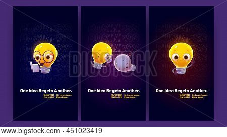 Idea Posters With Cute Light Bulb Characters. Concept Of One Idea Begets Another, Creative Solution,