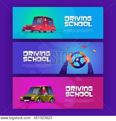 Driving School Posters With Man And Woman Sitting In Cars. Vector Banners Of Education And Test For 