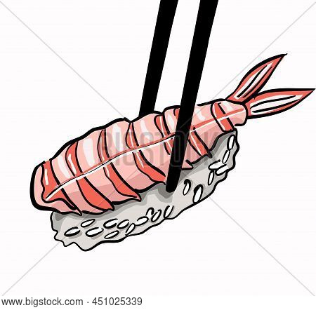 Sushi With Shrimp Illustration. Eating With Chopstics