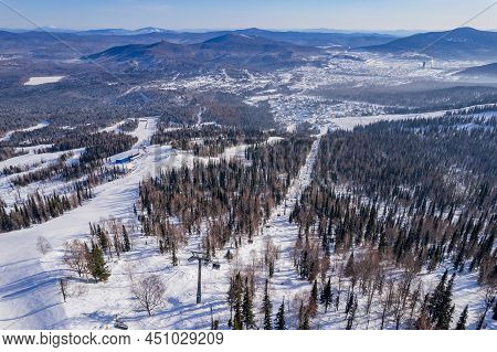 Aerial Top View Sheregesh Ski Lift Resort Winter, Landscape Mountain And Hotels, Russia Kemerovo Reg