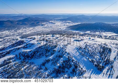 Aerial Top View Sheregesh Ski Lift Resort Winter, Landscape Mountain And Hotels, Russia Kemerovo Reg