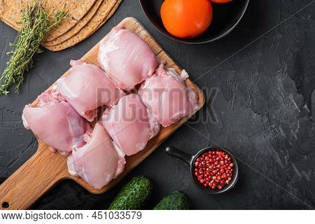 Burrito Ingredients, Chicken Thigh On Black Backgroundtop Viewwith Space For Text.