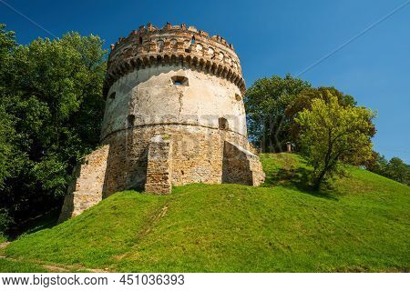 Scenic View Of New Round Tower Of Ostroh Castle, Ostroh, Rivne Region, Ukraine. Popular Travel Desti