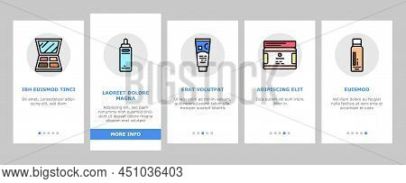 Cosmetics For Visage Skin Treat Onboarding Mobile App Page Screen Vector. Eyeshadow Palette Face Oil