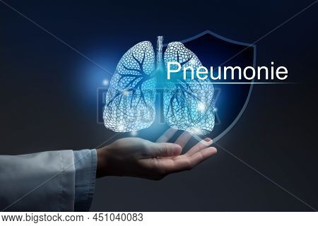 Medical Banner Pneumonia With French Translation Pneumonie On Blue Background With Large Copy Space 