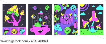 Psychedelic Neon Hippie Retro Stickers Posters. Crazy Surreal Symbols Covers Vector Illustration Set