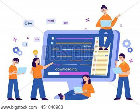 Website Software Developing, App Programmers Team Concept. Code Engeneers Programming On Computer Ve