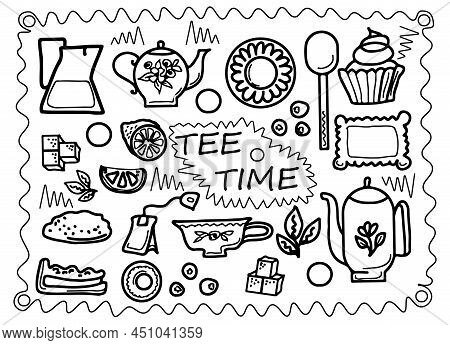 Invitation To The Tea Ceremony, Doodle Style Vector Illustration With Tea Party Set