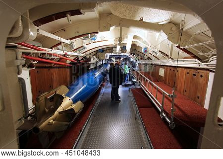 Laboe, Germany - August 30, 2014: People Visit A Historic German Submarine U-995 (museum Ship) In La