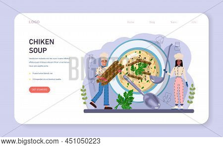 Chicken Soup Web Banner Or Landing Page. Tasty Bouillon With Different