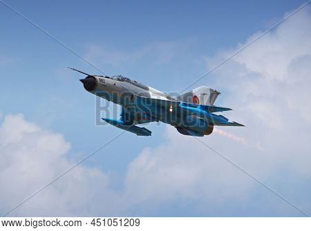 Braila, Romania - May 26, 2018. Mig-21 Lancer Jet At Vadeni Fly-in Air Show. The Mig-21 Is A Superso
