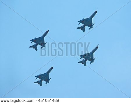 Braila, Romania - May 26, 2018. Mig-21 Lancer Jets In Formation At Vadeni Fly-in Air Show. The Mig-2