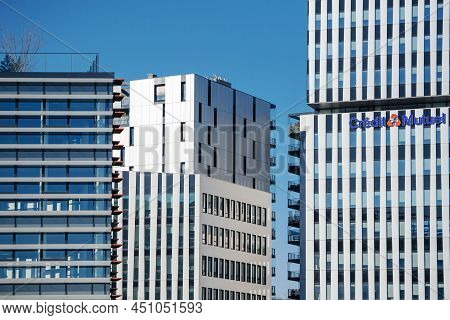 Strasbourg, France - Mar 8, 2022: Office Neighborhood Credit Mutuel Signage Logotype On The Tall Sky