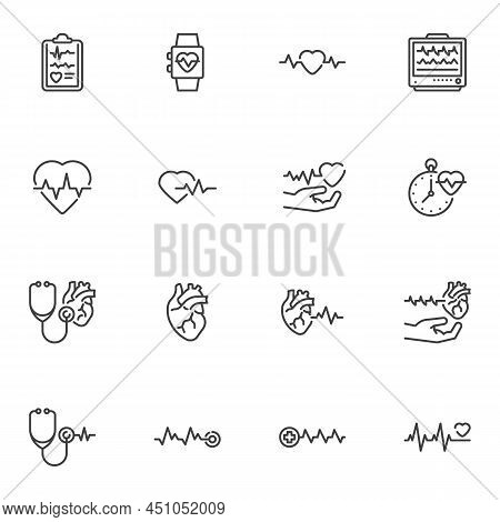 Heartbeat Line Icons Set, Ecg, Cardiogram Outline Vector Symbol Collection, Linear Style Pictogram P