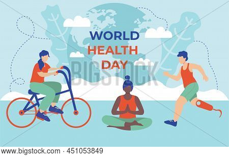 World Health Day Concept With Yoga Bicycle And Runner With Prosthetic Vector Illustration In Flat St