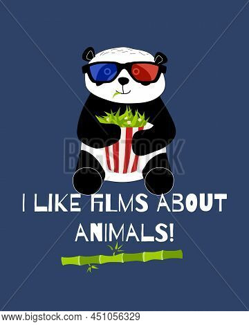 Cute And Funny Panda With 3d Glasses Ans Bamboo Popcorn Is Wathing Cinema Card. Doodle Hand Drawn St
