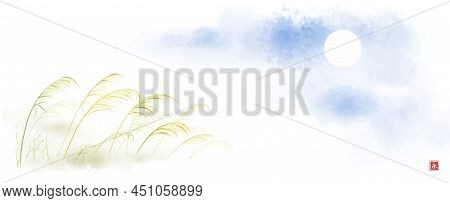 Leaves Of Green Grass On The Wind And Blue Sky. Traditional Oriental Ink Painting Sumi-e, U-sin, Go-