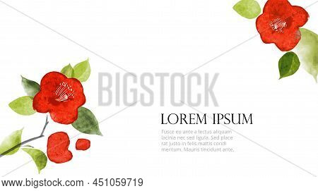 Red Japanese Camelia Flowers On White Background With Place For Your Text. Traditional Japanese Ink 