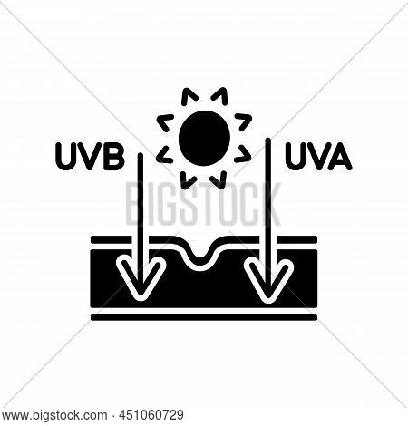 Sun Effect On Skin Black Glyph Icon. Ultraviolet Rays Types. Sun Exposure Damage. Skin Aging And Bur
