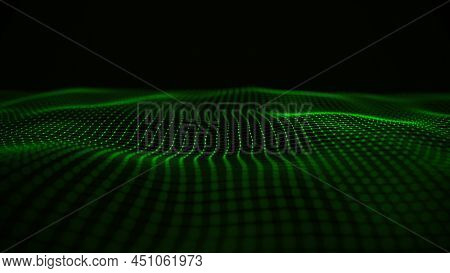 Digital Technology Wave. Dark Cyberspace With Green Motion Dots And Lines. Futuristic Digital Backgr