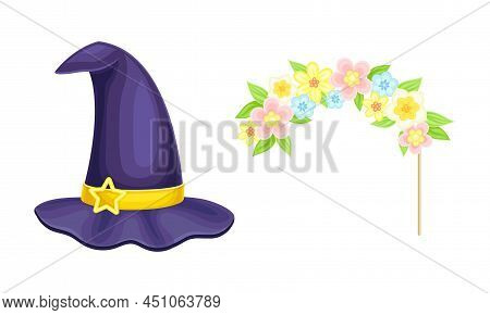 Carnival Or Masquerade Party Objects Set. Witch Hat And Wreath Of Flowers Cartoon Vector Illustratio